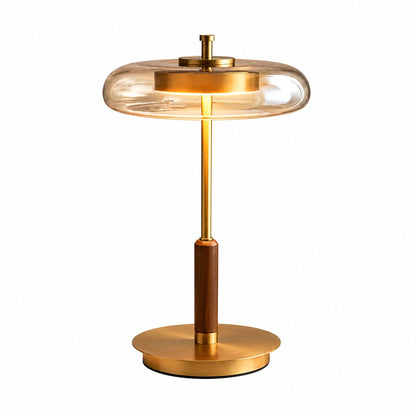 Trio table lamp full architectural silhouette walnut wood brass glass three material sculptural balance American luxury modern reference