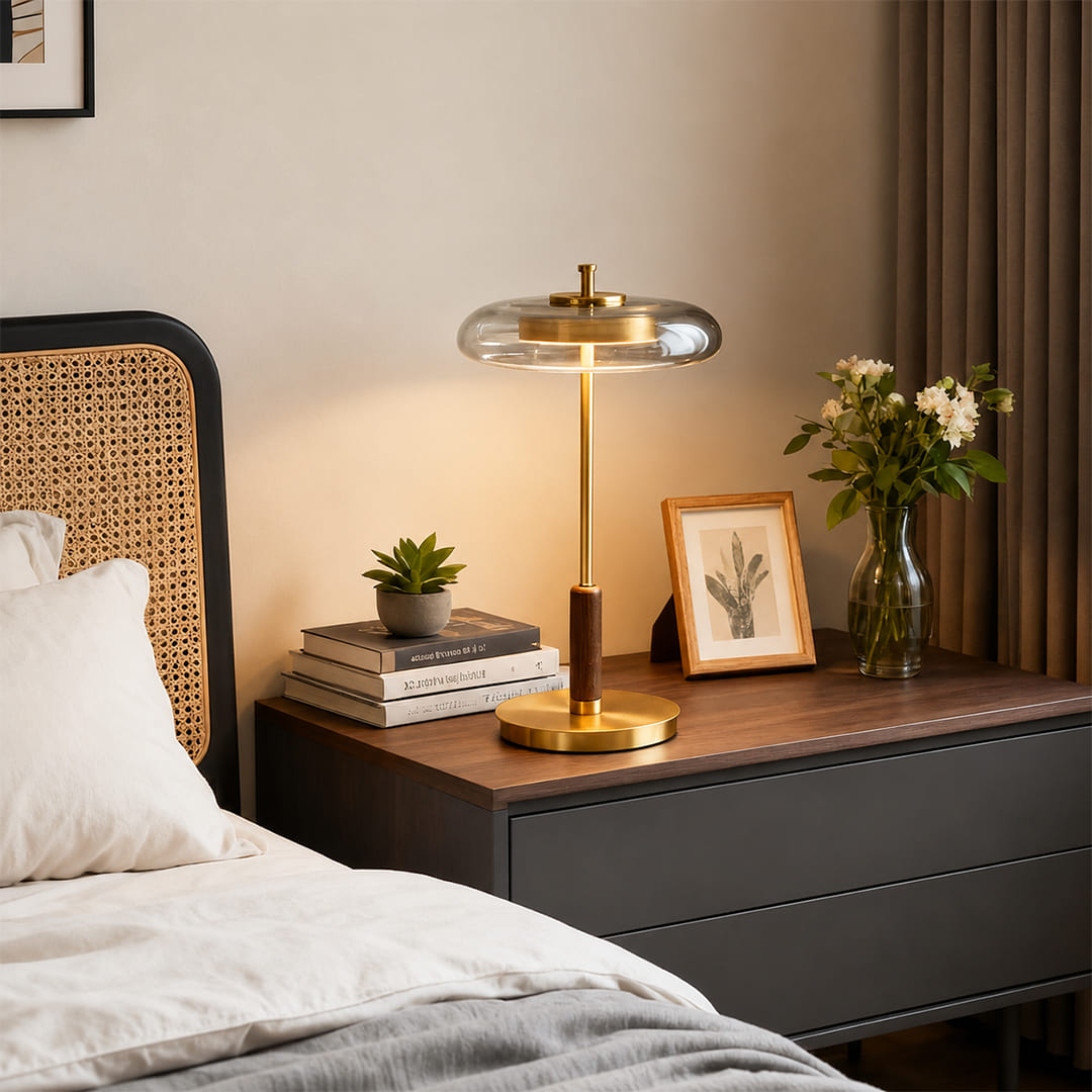 Trio table lamp modern primary bedroom bedside nightstand walnut brass clear glass American style modern luxury warm 3000K ambient intimate sophisticated cozy lifestyle interior American home