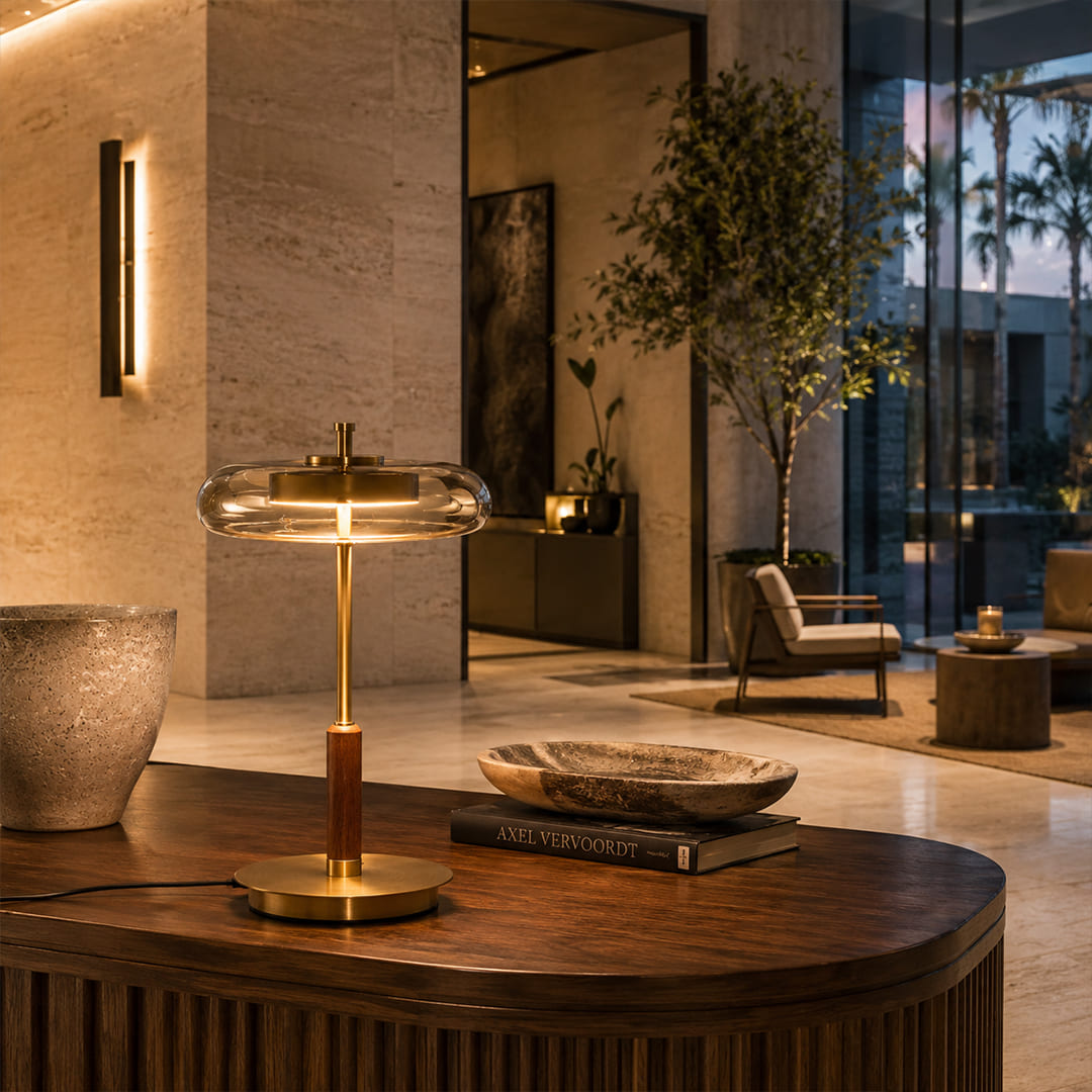 Trio table lamp modern entryway foyer console table welcome walnut brass clear glass American style modern luxury warm 3000K ambient elegant refined lifestyle interior American home