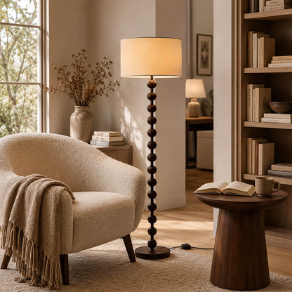 Tronco floor lamp walnut wood modern home office study reading corner nook tall 63 inch statement natural wood white fabric shade Japandi Scandinavian warm ambient functional focus intimate lifestyle interior American home