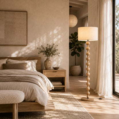 Tronco floor lamp nature wood modern primary bedroom bedside beside bed tall 63 inch statement natural wood white fabric shade minimalist Scandinavian warm ambient intimate lifestyle interior American home