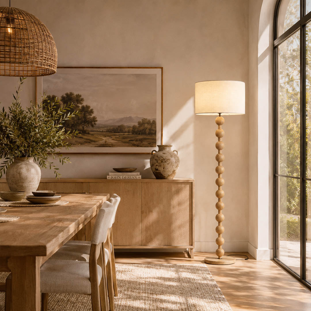 Tronco floor lamp modern living room TV lounge coffee table beside walnut nature wood tall 63 inch statement natural wood white fabric shade Scandinavian warm ambient relaxed evening lifestyle interior American home