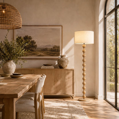 Tronco floor lamp modern living room TV lounge coffee table beside walnut nature wood tall 63 inch statement natural wood white fabric shade Scandinavian warm ambient relaxed evening lifestyle interior American home