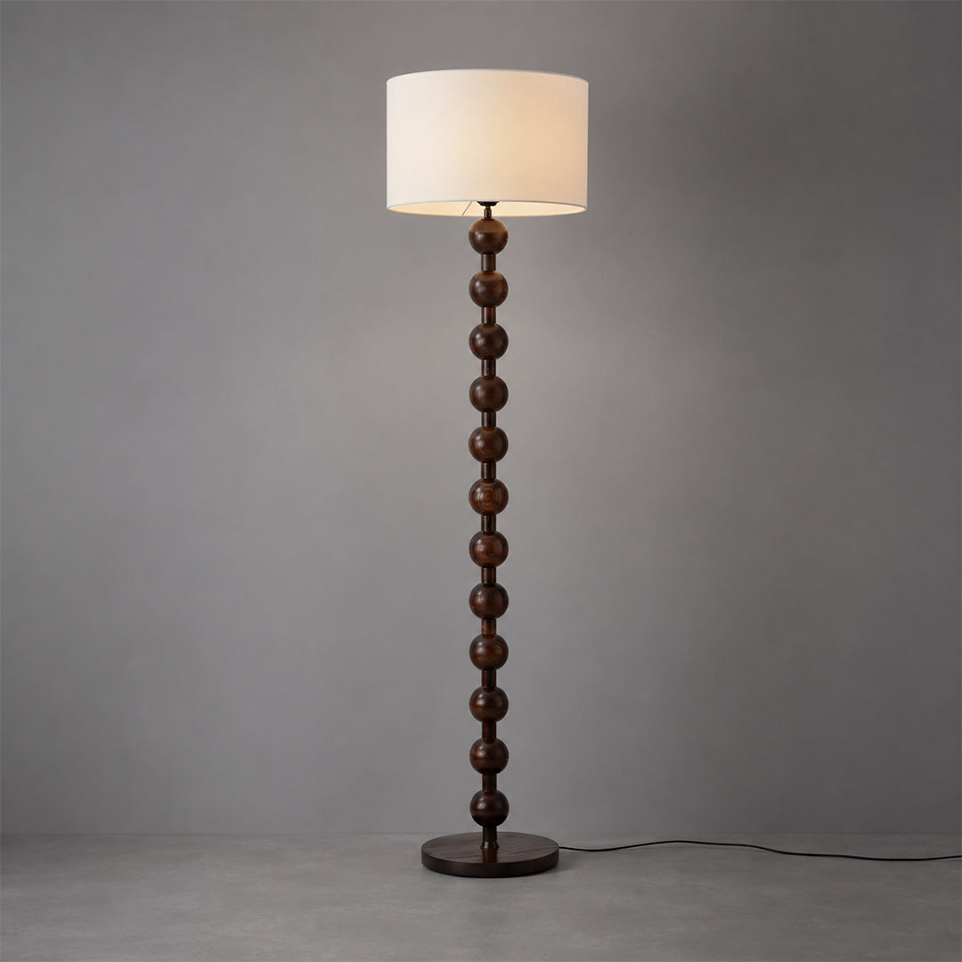 Tronco floor lamp walnut wood white fabric shade barbell shape tall 63 inch solid natural handcrafted modern Japandi Scandinavian living room reading white background