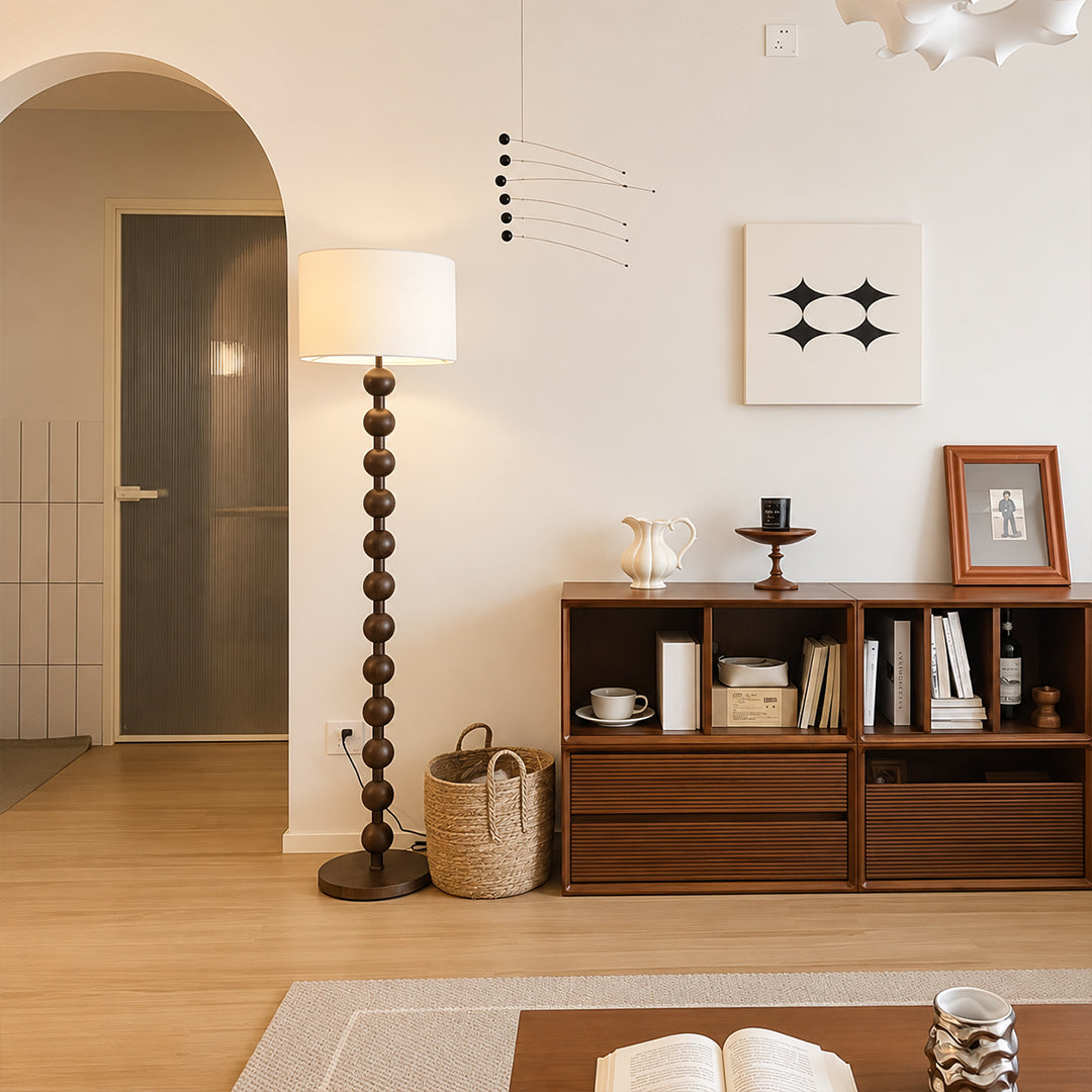 Tronco floor lamp nature wood modern entryway foyer welcome accent tall 63 inch statement natural wood white fabric shade Scandinavian minimalist warm ambient elegant sophisticated lifestyle interior American home