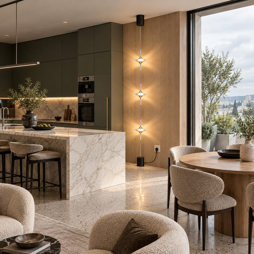 Chrome Trottola crystal star lamp in a glamorous living room with velvet seating