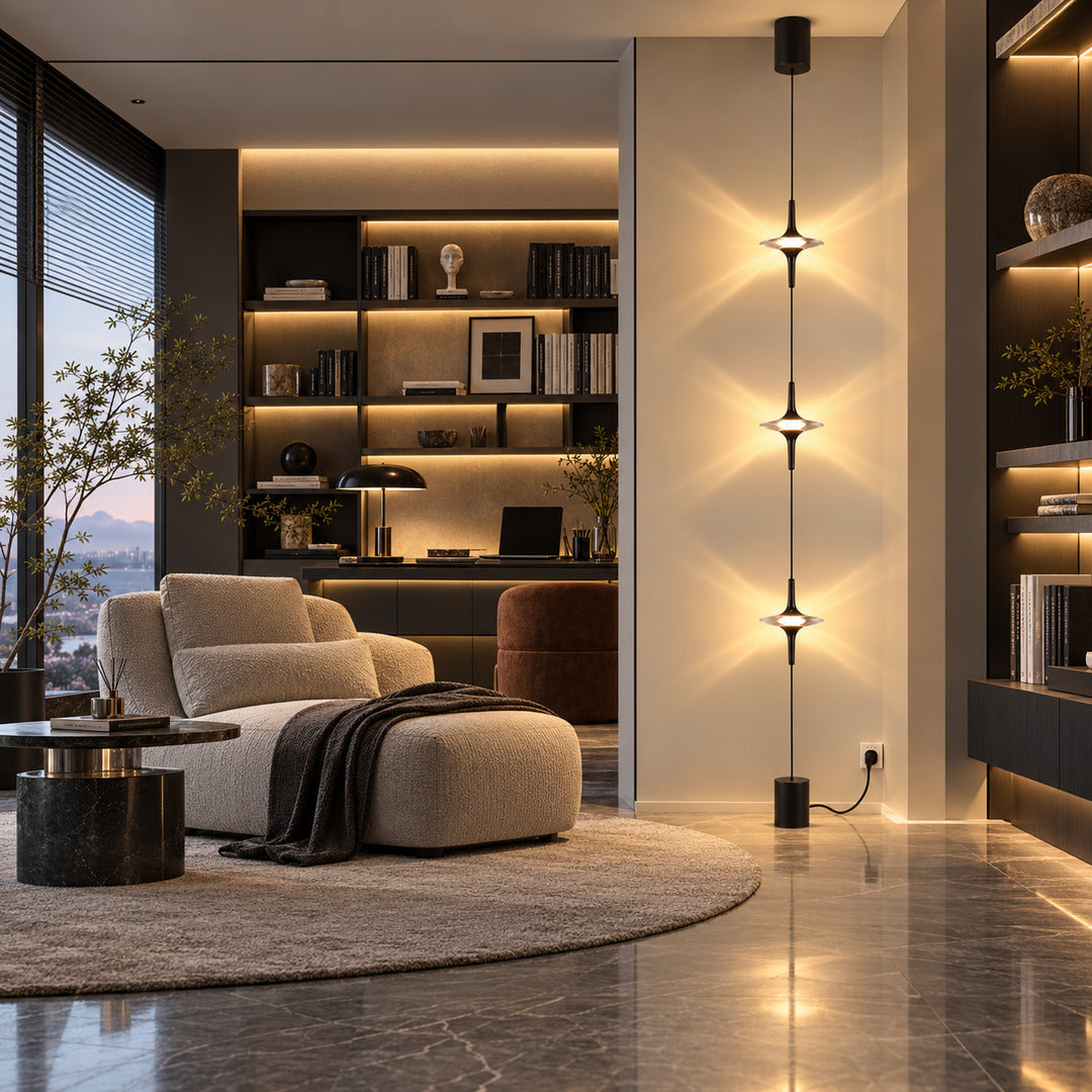 Trottola crystal star lamp filling an empty living room corner with sculptural light