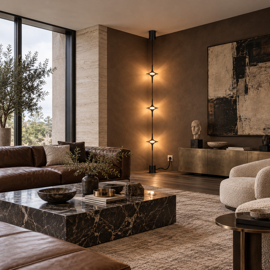 Trottola floor-to-ceiling lamp framing one side of a TV media wall with soft star patterns