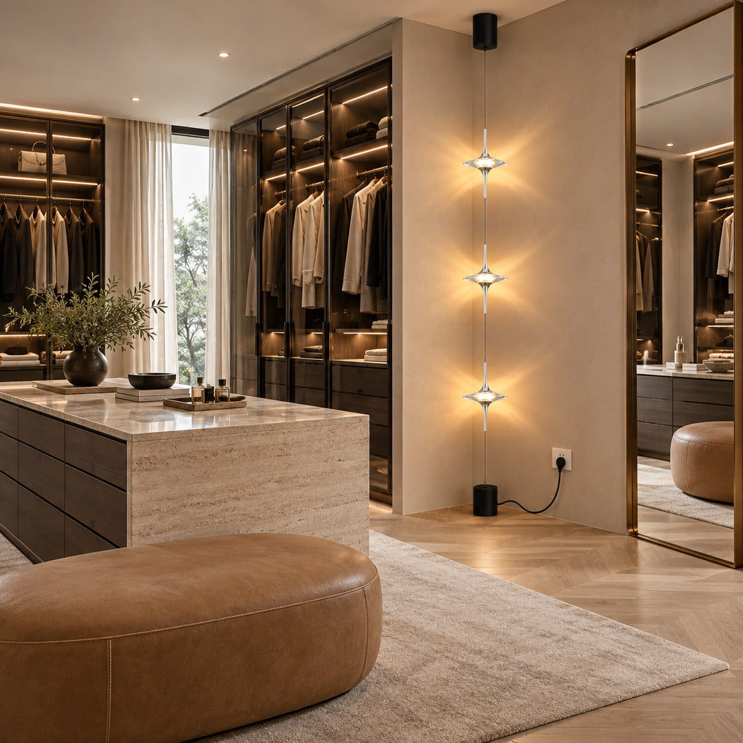 Black Trottola lamp as a vertical star light accent in a luxury boutique