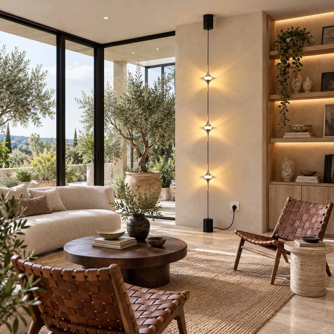 Trottola floor-to-ceiling lamp framing one side of a TV media wall with soft star patterns