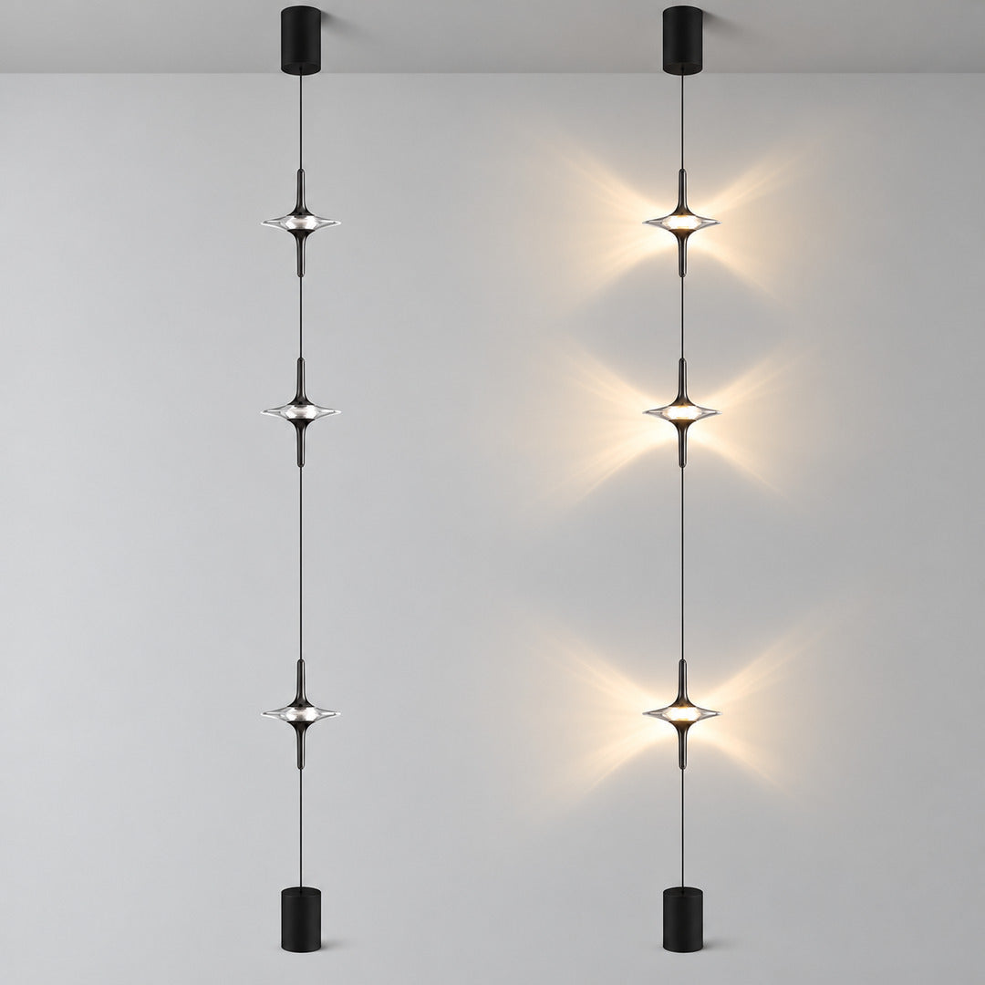 Trottola cable lamp shown unlit as three crystal tops on a line and lit with glowing star patterns