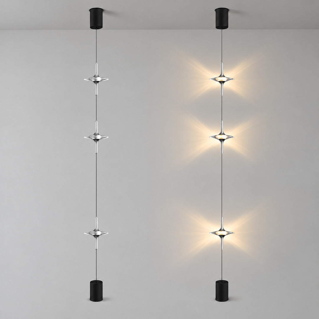 Trottola cable lamp shown unlit as three crystal tops on a line and lit with glowing star patterns