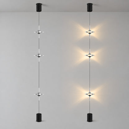 Trottola cable lamp shown unlit as three crystal tops on a line and lit with glowing star patterns