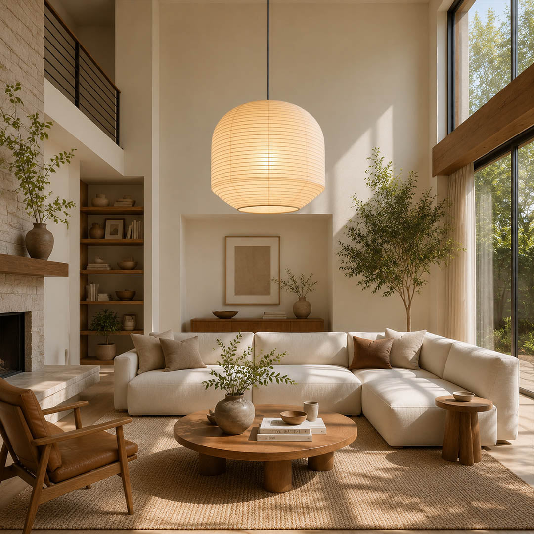 Tsuki pendant light 34.6 inch modern living room seating cluster statement Japandi Wabi Sabi warm ambient sculptural Japanese lifestyle interior