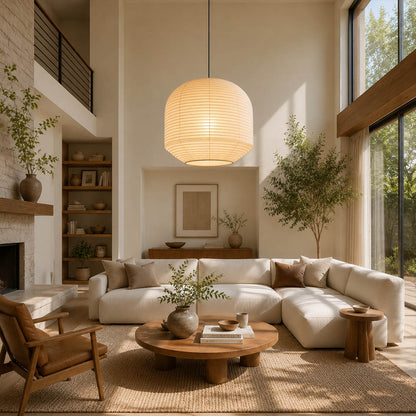Tsuki pendant light 34.6 inch modern living room seating cluster statement Japandi Wabi Sabi warm ambient sculptural Japanese lifestyle interior