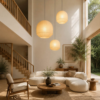 Tsuki pendant light 34.6 inch modern living room seating cluster statement Japandi Wabi Sabi warm ambient sculptural Japanese lifestyle interior