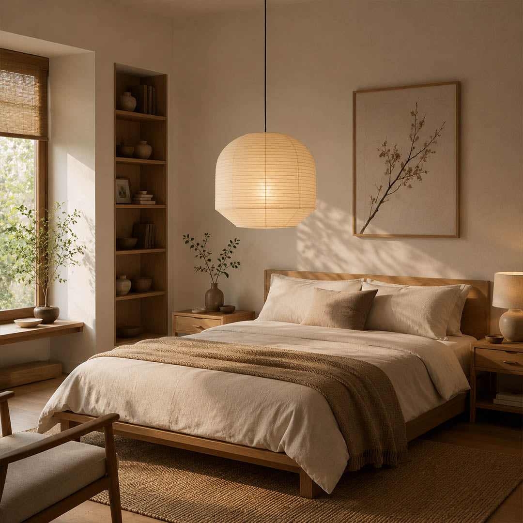 Tsuki pendant light 21.7 inch primary bedroom sculptural ceiling anchor Japandi Wabi Sabi warm ambient elegant Japanese lifestyle interior