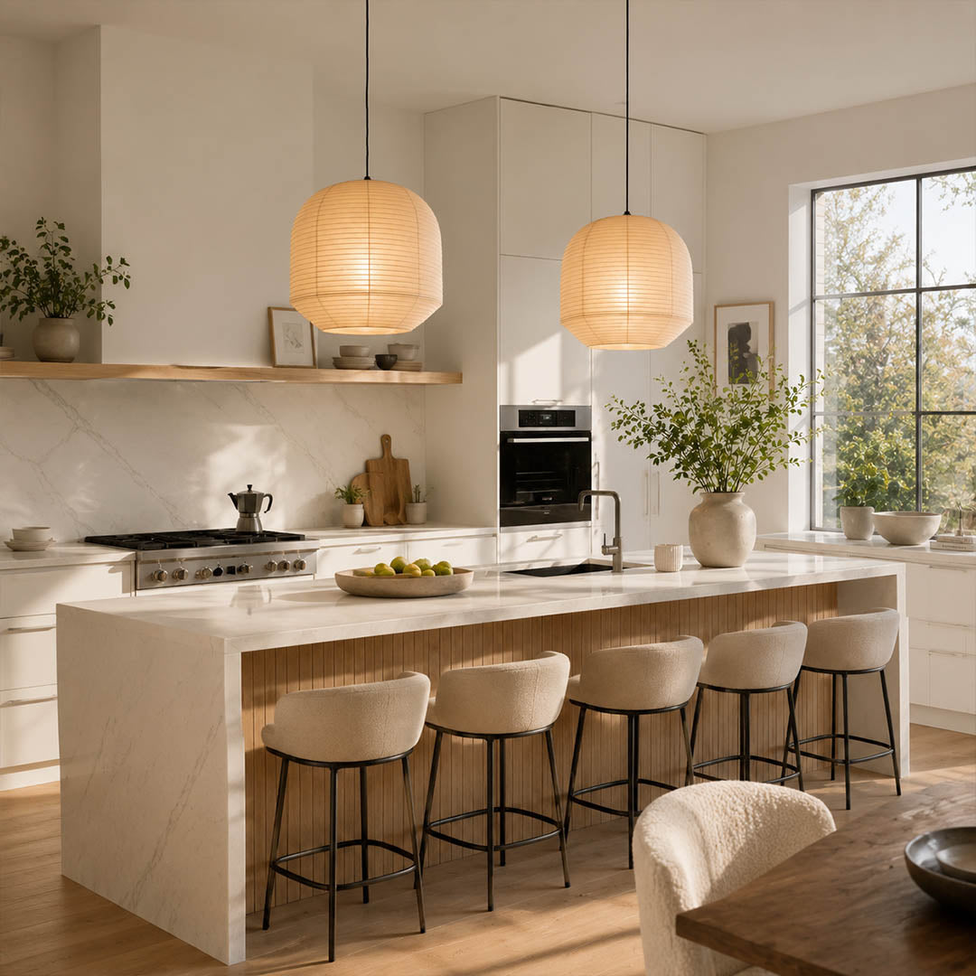 Tsuki pendant light 21.7 inch modern dining room 6 seat rectangular table statement Japandi warm ambient sculptural Japanese lifestyle interior