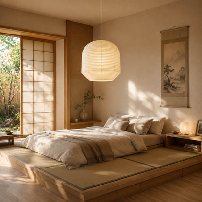 Tsuki pendant light 21.7 inch primary bedroom sculptural ceiling anchor Japandi Wabi Sabi warm ambient elegant Japanese lifestyle interior