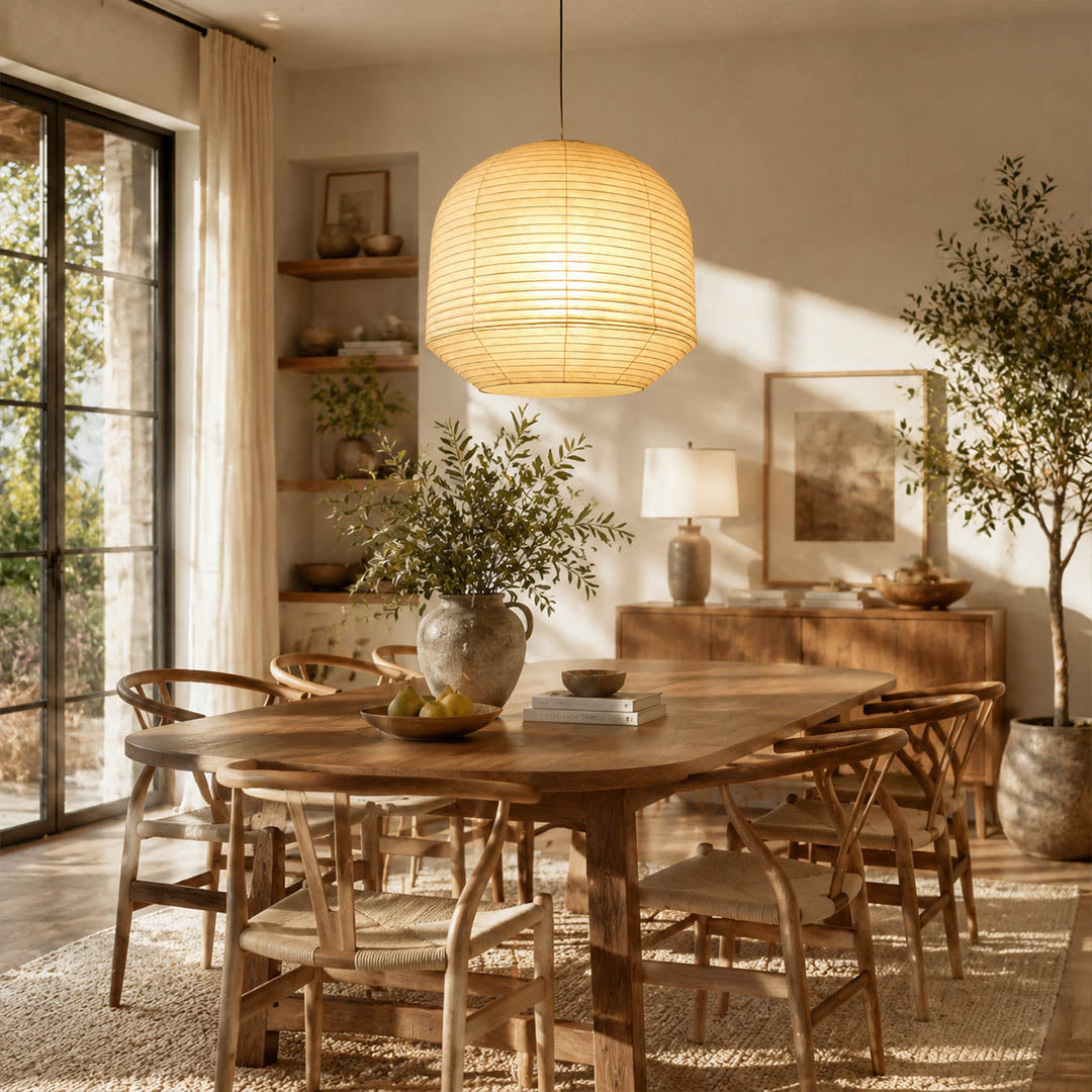 Tsuki pendant light 34.6 inch large modern dining room 10 seat statement Japandi warm ambient sculptural Japanese elegant lifestyle interior