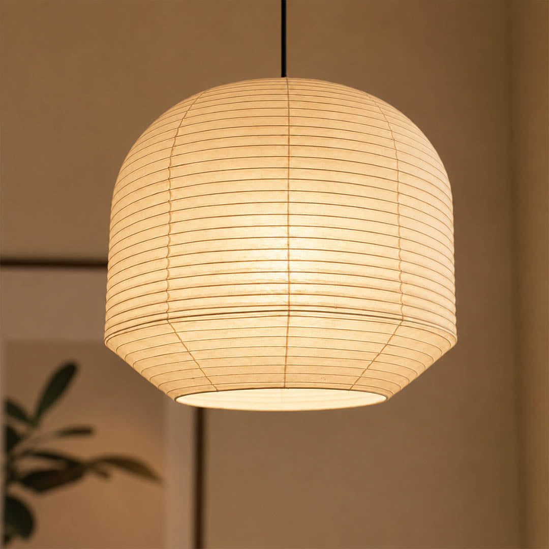 Tsuki pendant light rounded lantern form softly curved sculptural presence Japanese minimalist calm mood detail close up craftsmanship