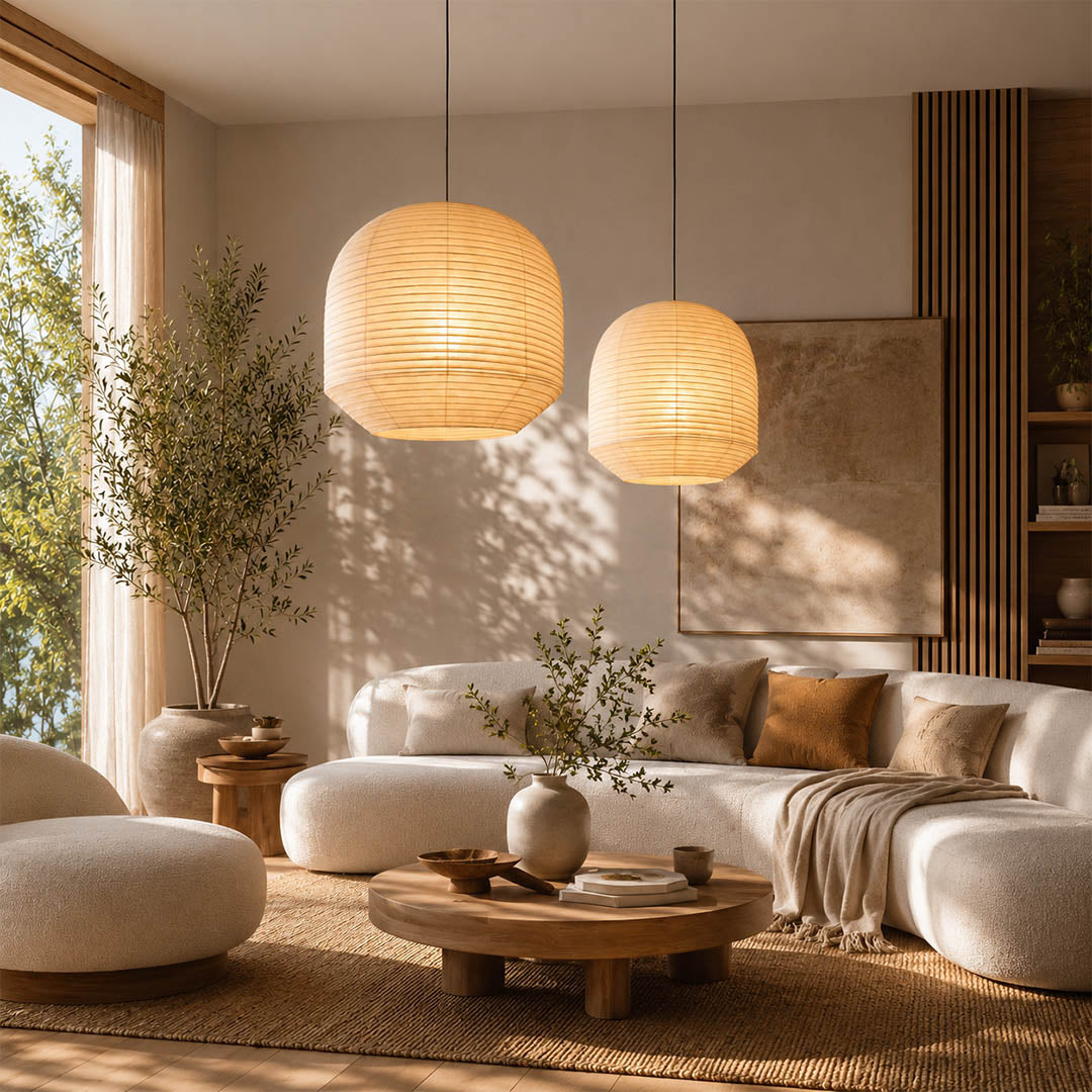 Tsuki pendant light 34.6 inch modern living room seating cluster statement Japandi Wabi Sabi warm ambient sculptural Japanese lifestyle interior