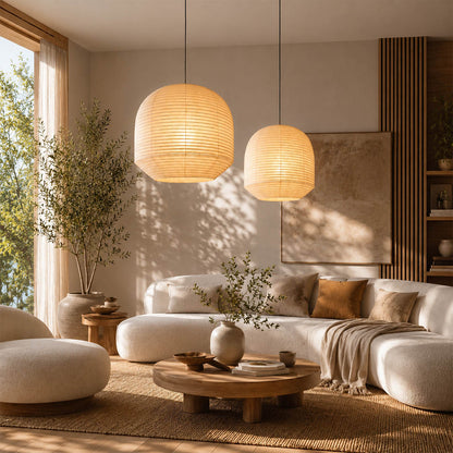Tsuki pendant light 34.6 inch modern living room seating cluster statement Japandi Wabi Sabi warm ambient sculptural Japanese lifestyle interior