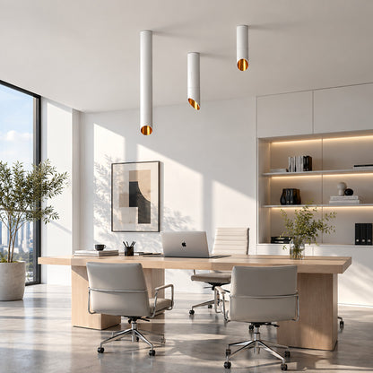Tubo tube ceiling downlight directing focused light over a home office desk