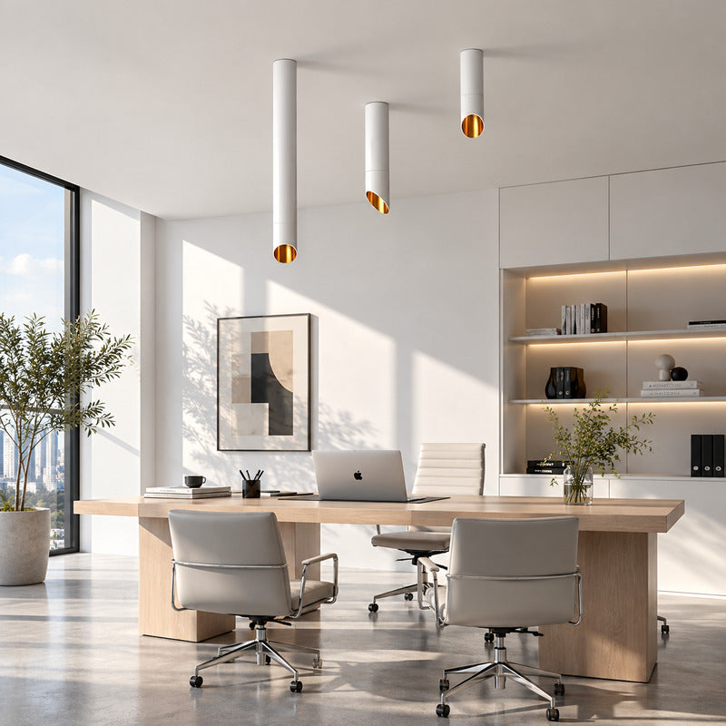 Tubo tube ceiling downlight directing focused light over a home office desk