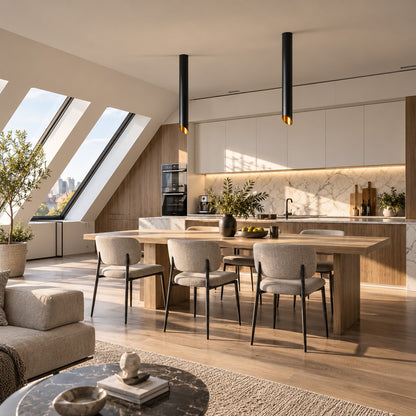 Row of Tubo tube ceiling downlights suspended over a modern kitchen island