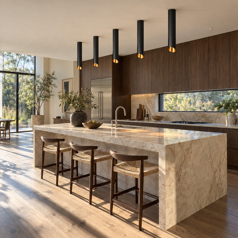 Row of Tubo tube ceiling downlights suspended over a modern kitchen island