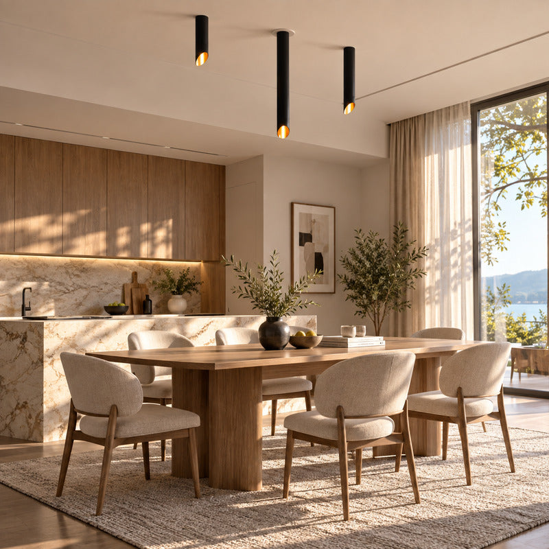 Tubo tube ceiling downlights casting warm downward light over a dining table