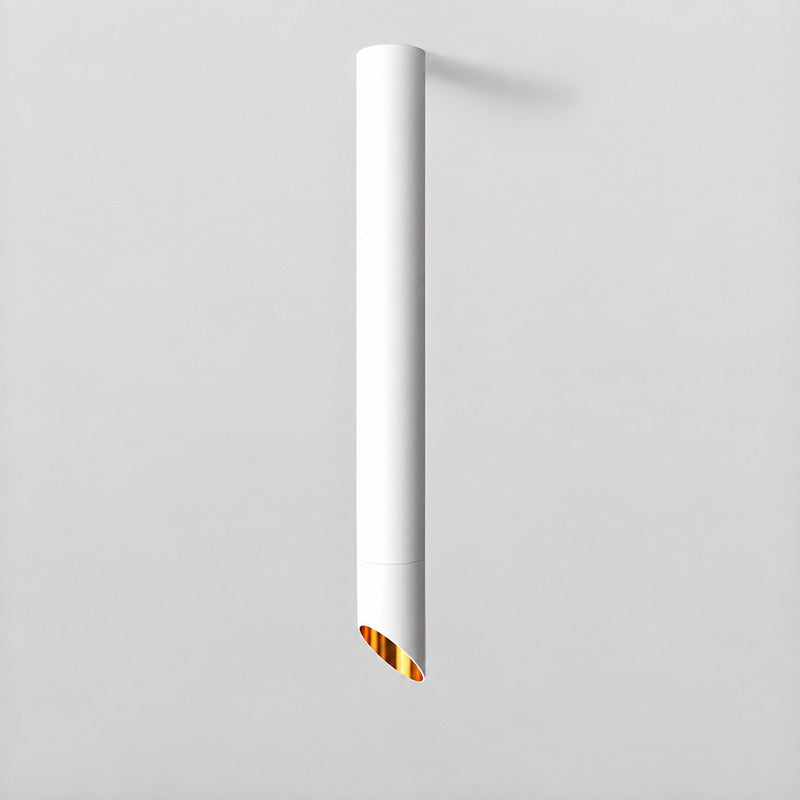 Tall 23.6-inch white Tubo ceiling downlight dropping from a high ceiling over a bar