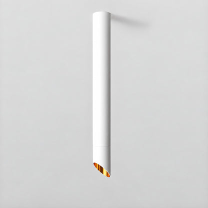 Tall 23.6-inch white Tubo ceiling downlight dropping from a high ceiling over a bar