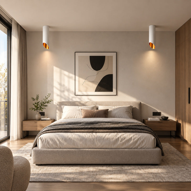 Tubo tube ceiling downlight providing soft downward light in a modern bedroom