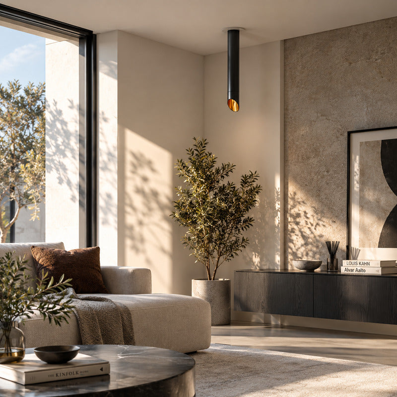 Tubo tube ceiling downlight adding a clean architectural accent to a modern living room ceiling