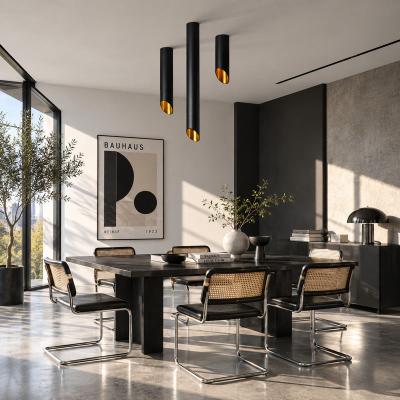 Tubo tube ceiling downlights casting warm downward light over a dining table