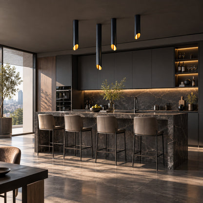 Row of Tubo tube ceiling downlights suspended over a modern kitchen island
