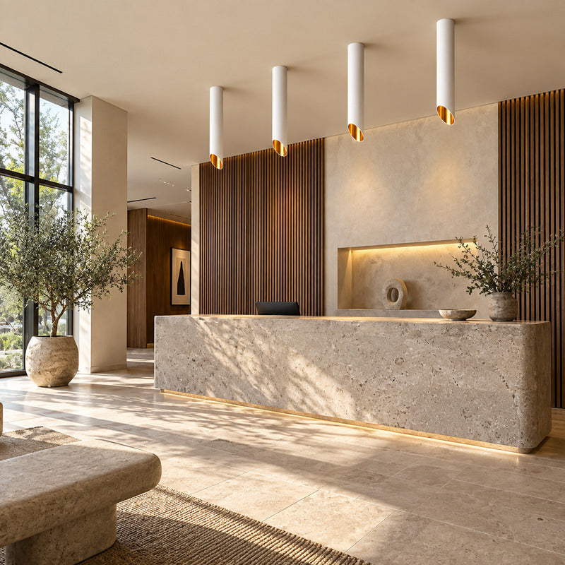 Tubo tube ceiling downlights over a home bar counter with warm focused beams