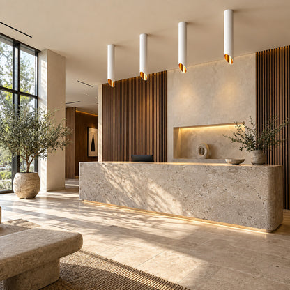 Tubo tube ceiling downlights over a home bar counter with warm focused beams