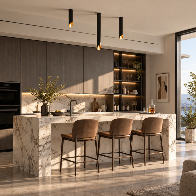 Row of Tubo tube ceiling downlights suspended over a modern kitchen island