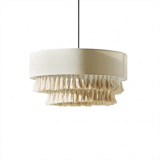 Tulum jute pendant light woven natural fiber boho tassel fringe 19.7 inch white background