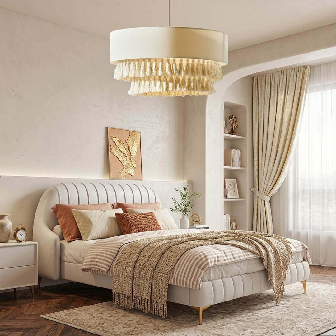 Tulum jute pendant light above bed warm sun-washed glow coastal boho bedroom interior