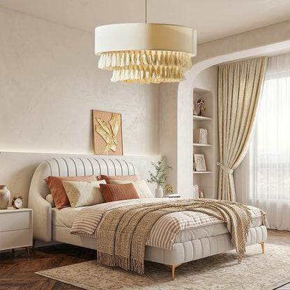 Tulum jute pendant light above bed warm sun-washed glow coastal boho bedroom interior