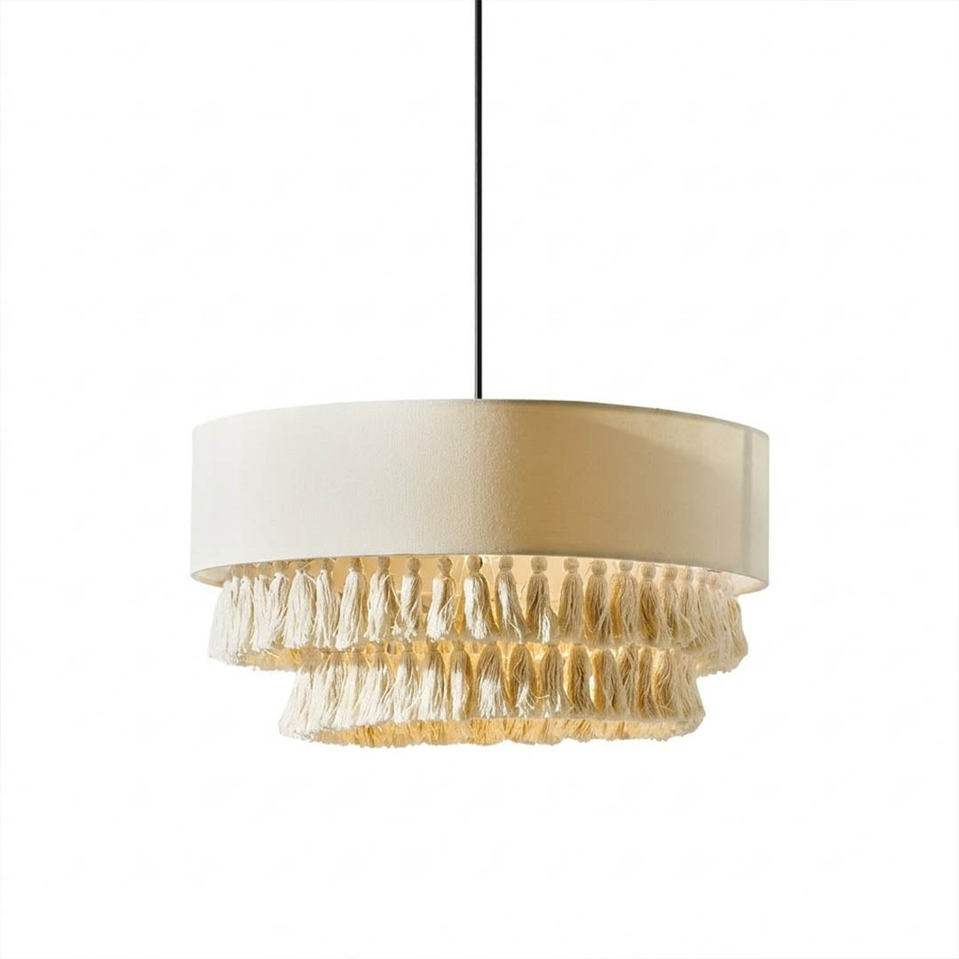 Tulum jute pendant light woven natural fiber boho tassel fringe 19.7 inch white background