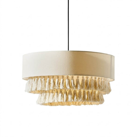 Tulum jute pendant light woven natural fiber boho tassel fringe 19.7 inch white background