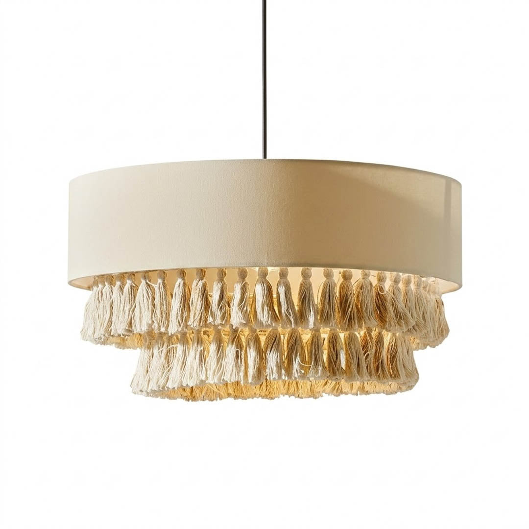 Tulum jute pendant light woven natural fiber boho tassel fringe 19.7 inch white background