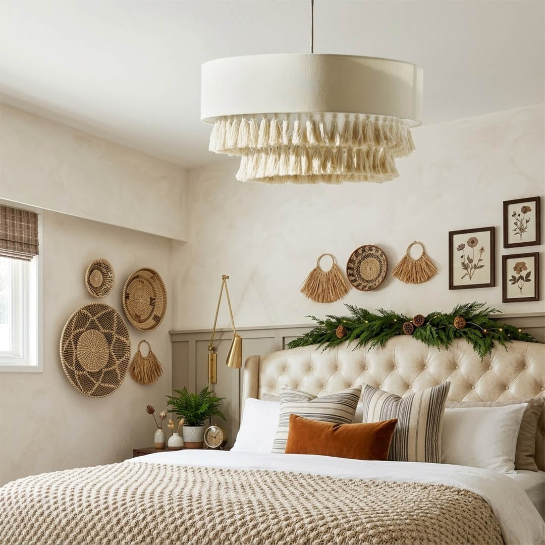 Tulum jute pendant light above bed warm sun-washed glow coastal boho bedroom interior