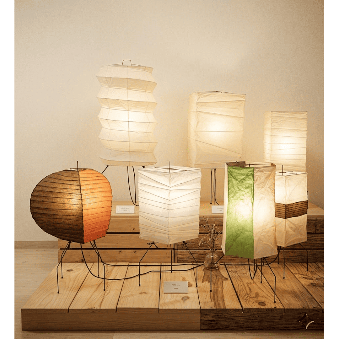 UF2-31N Washi paper table lamp with warm internal glow, handcrafted rice paper shade on black metal tripod legs.