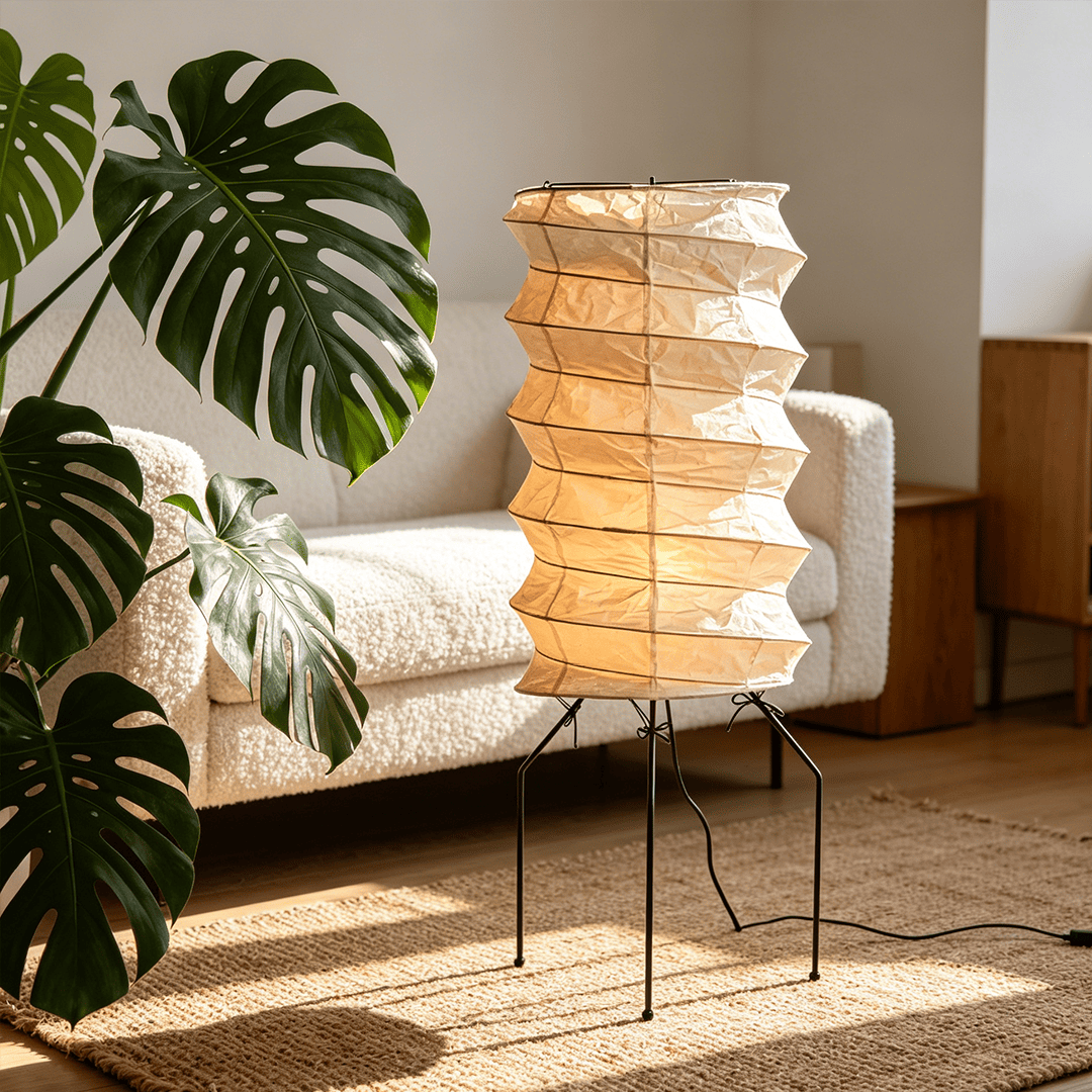 UF2-31N Washi paper table lamp with warm internal glow, handcrafted rice paper shade on black metal tripod legs.